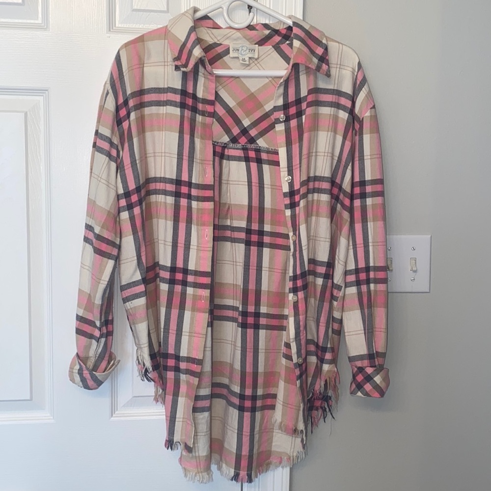 Pink plaid Frayed Hem button up long sleeve top